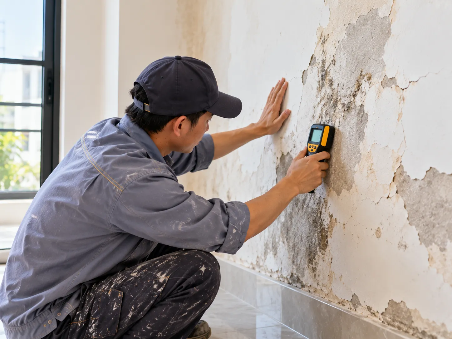 Kỹ thuật viên kiểm tra độ ẩm và nền tường trước khi sơn